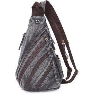 Canvas Sling Bag Jean-black Crossbody Backpack Genuine Leather Shoulder Bag